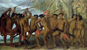 Tapuya-menn i det nordøstlige Brasil i krigsdans, 1641